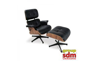 Кресло Релакс с оттоманкой, натуральная кожа, литая гнутая фанера,цвет черный RelaxBL